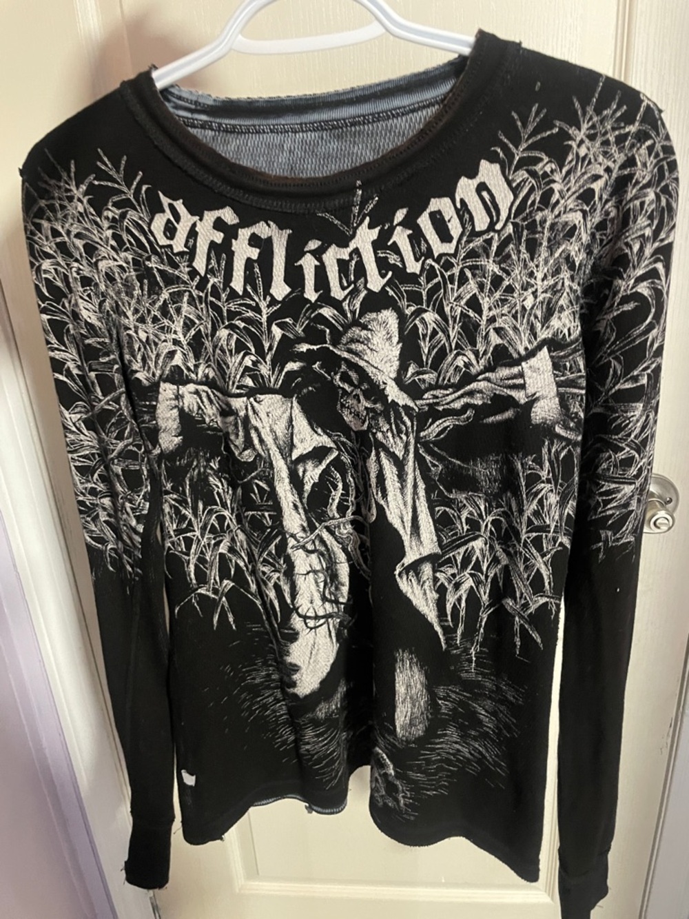 Reversible Affliction Black and White Scarecrow Graphic Long Sleeve